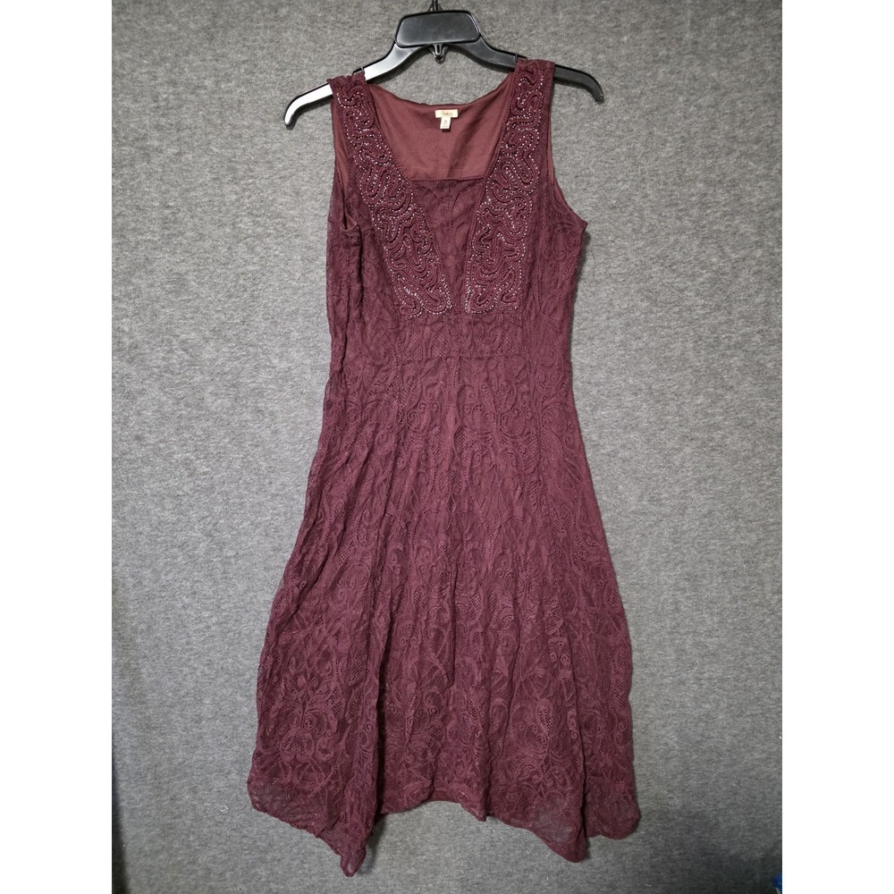 Reba Medium Maroon Red Embroidered Midi Dress Romantic Floral V Neck Lined Long